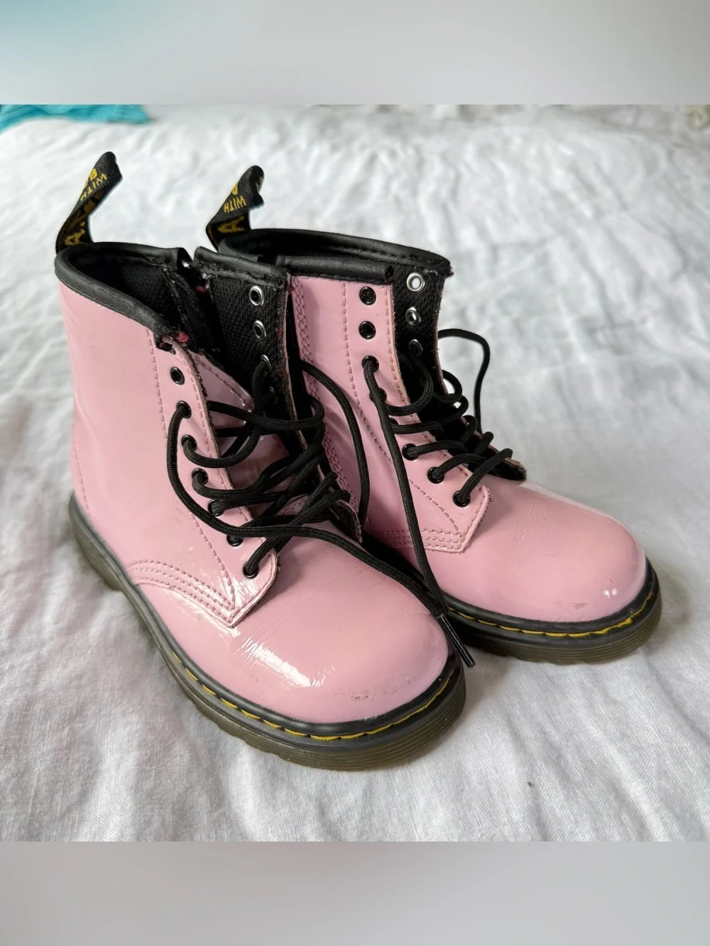 Dr. Martens Pink Patent Lace-Up Boots with Black Trim 1460 Sz 10 Girls